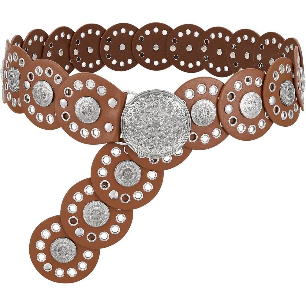 Women Vintage Disc Waist Concho Leather Belt Boho Waist Belt Brown Silver Buckle